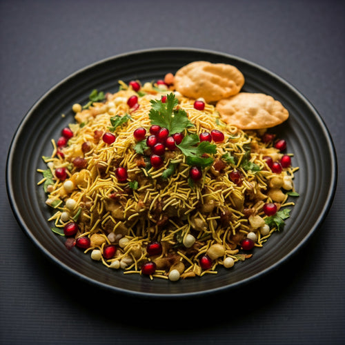 Black plate with Tangy Makhana Chaat topped with pomegranate seeds, sev, and garnished with coriander leaves