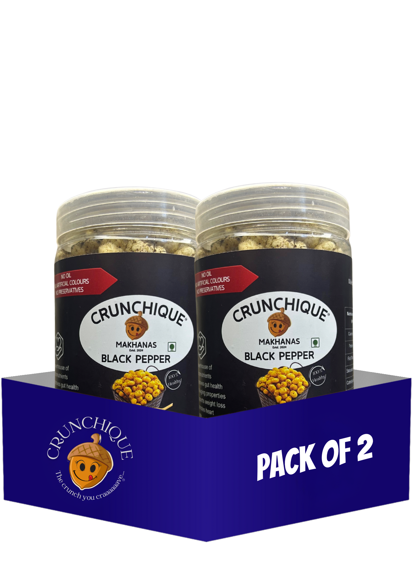 Pack of 2 Crunchique Black Pepper Makhana jars with clear lids and black labels in a blue holder