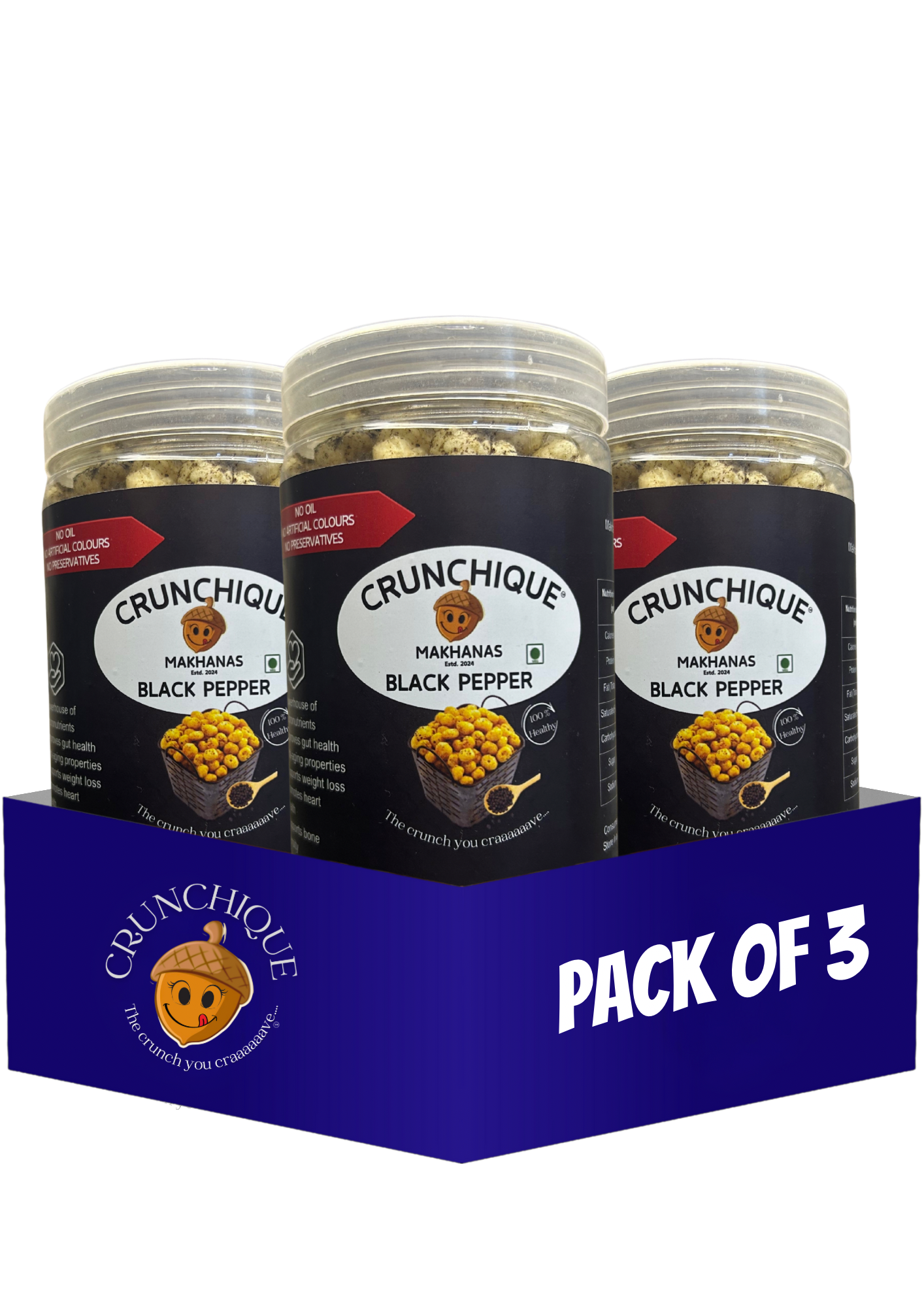 Pack of 3 Crunchique Black Pepper Makhana tubs with crunchy snacks in clear containers