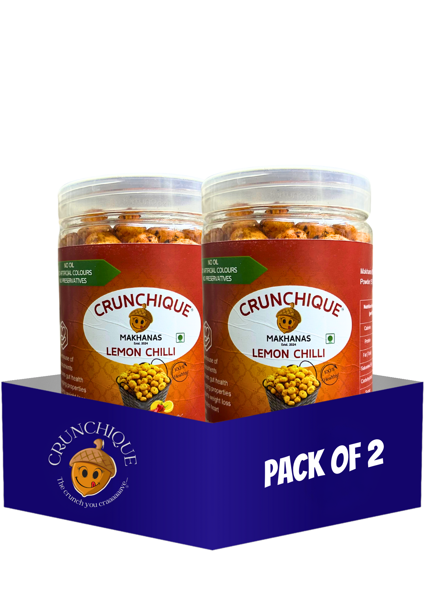 Crunchique Lemon Chilli Makhana pack of 2 jars Tangy Spicy and Healthy snack in clear containers