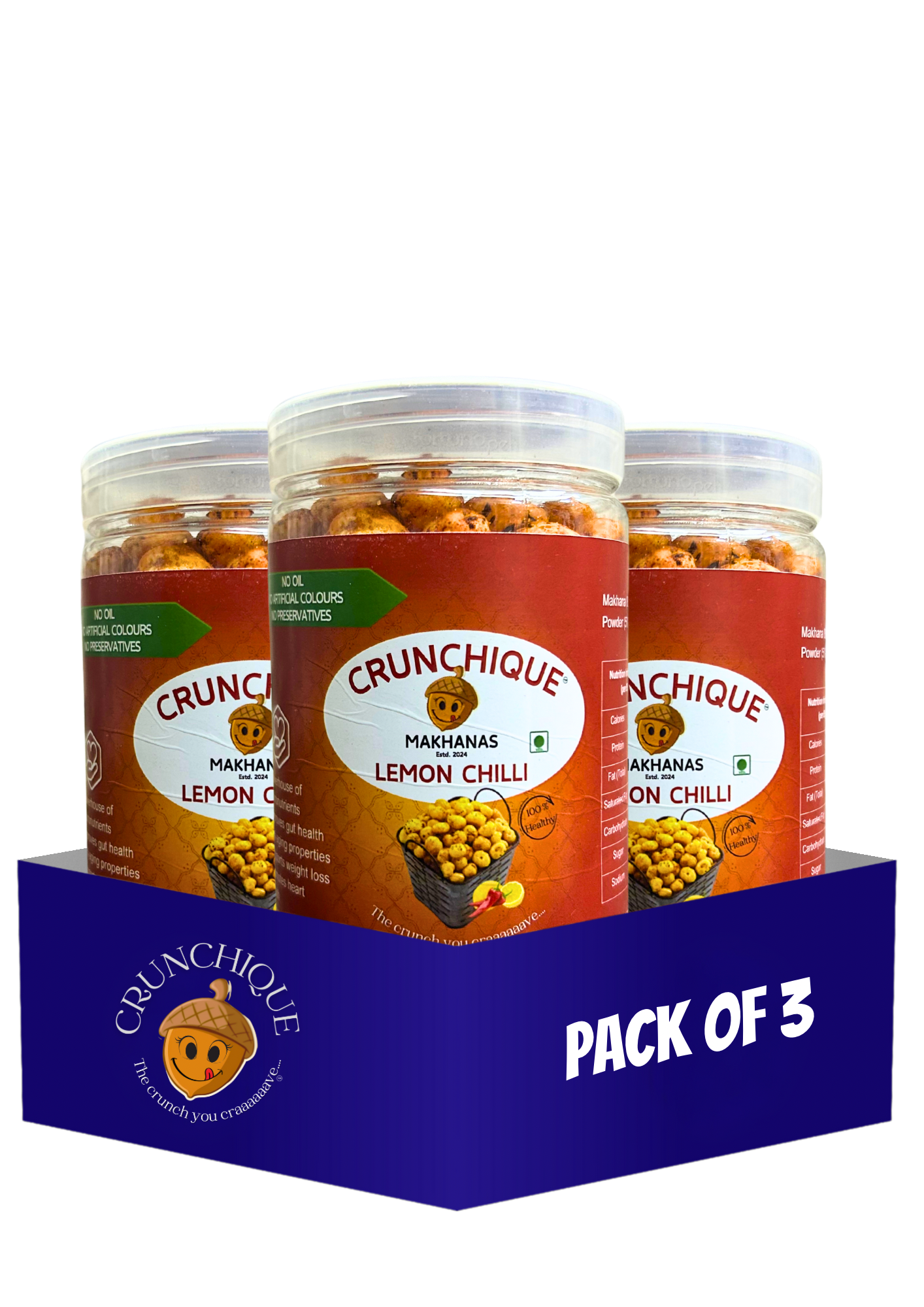 Pack of 3 Crunchique Lemon Chilli Makhana - Tangy Spicy and Healthy snacks in transparent jars
