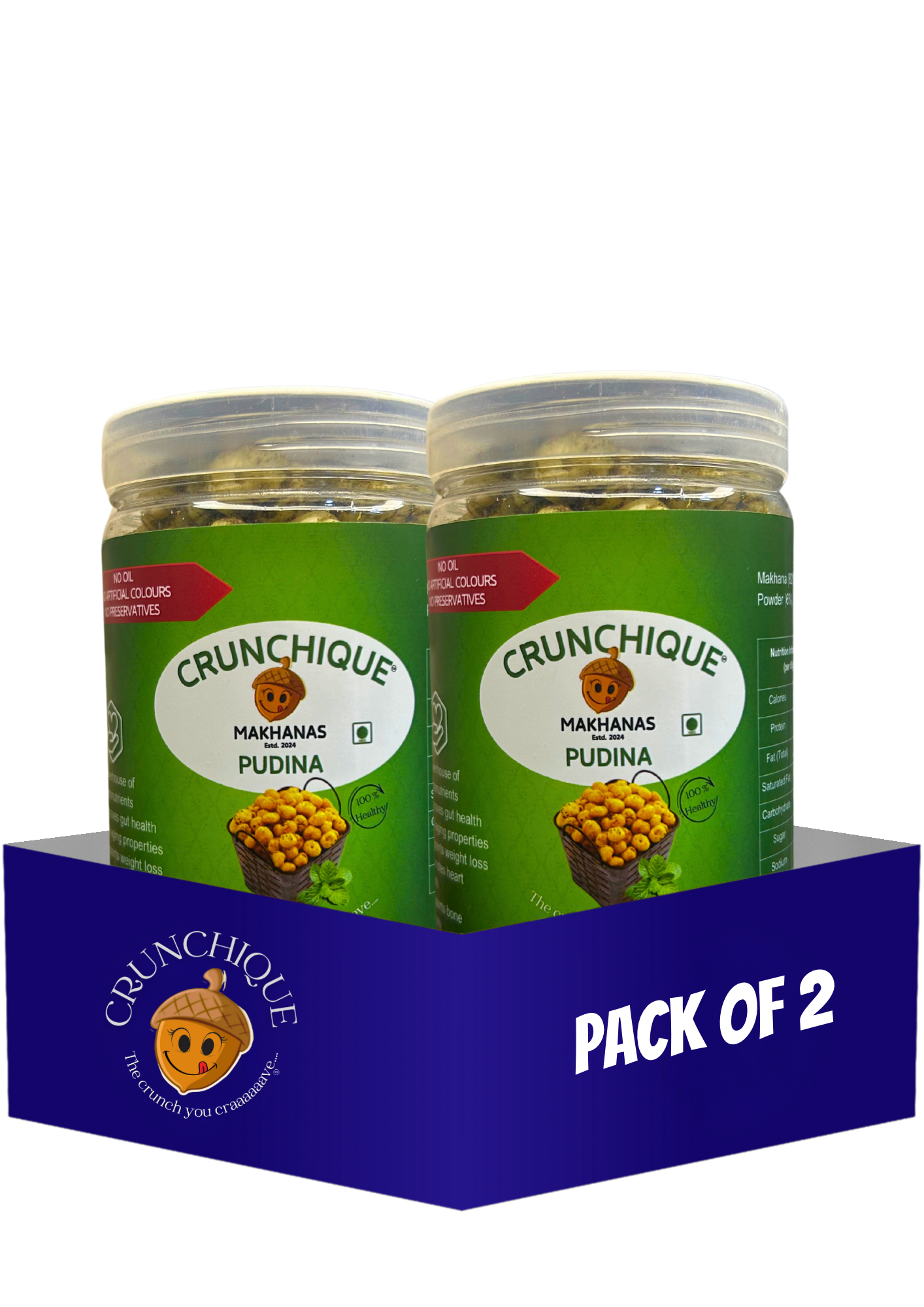 Pack of 2 Crunchique Makhana Pudina jars with green mint flavor label from My Store