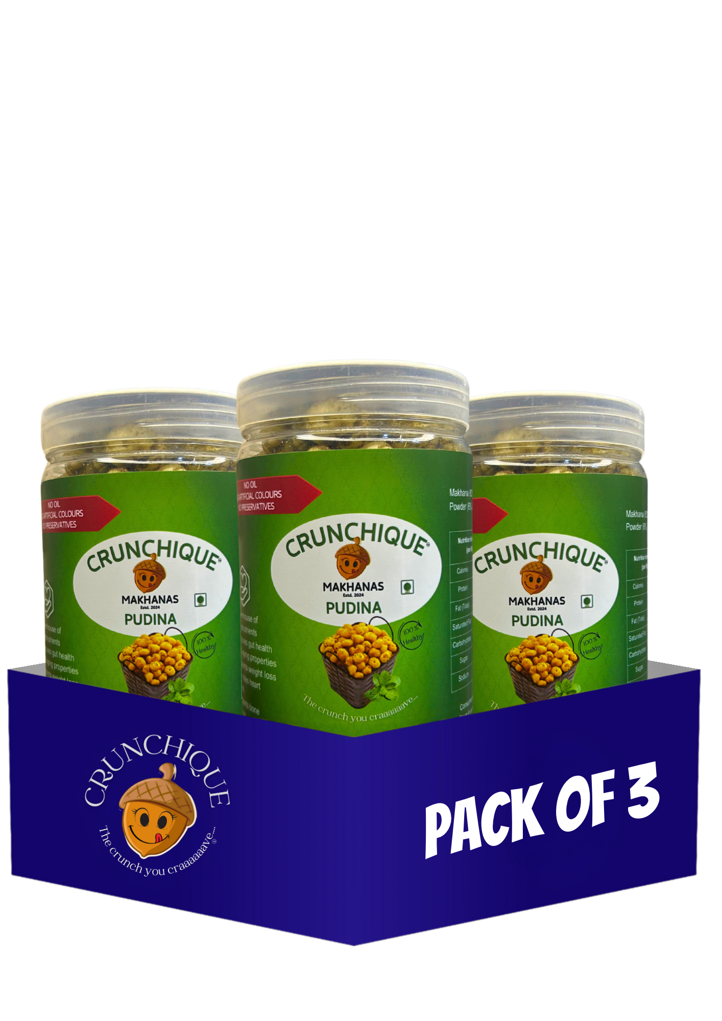 Pack of 3 Crunchique Pudina Makhana jars with green labels in blue box from My Store