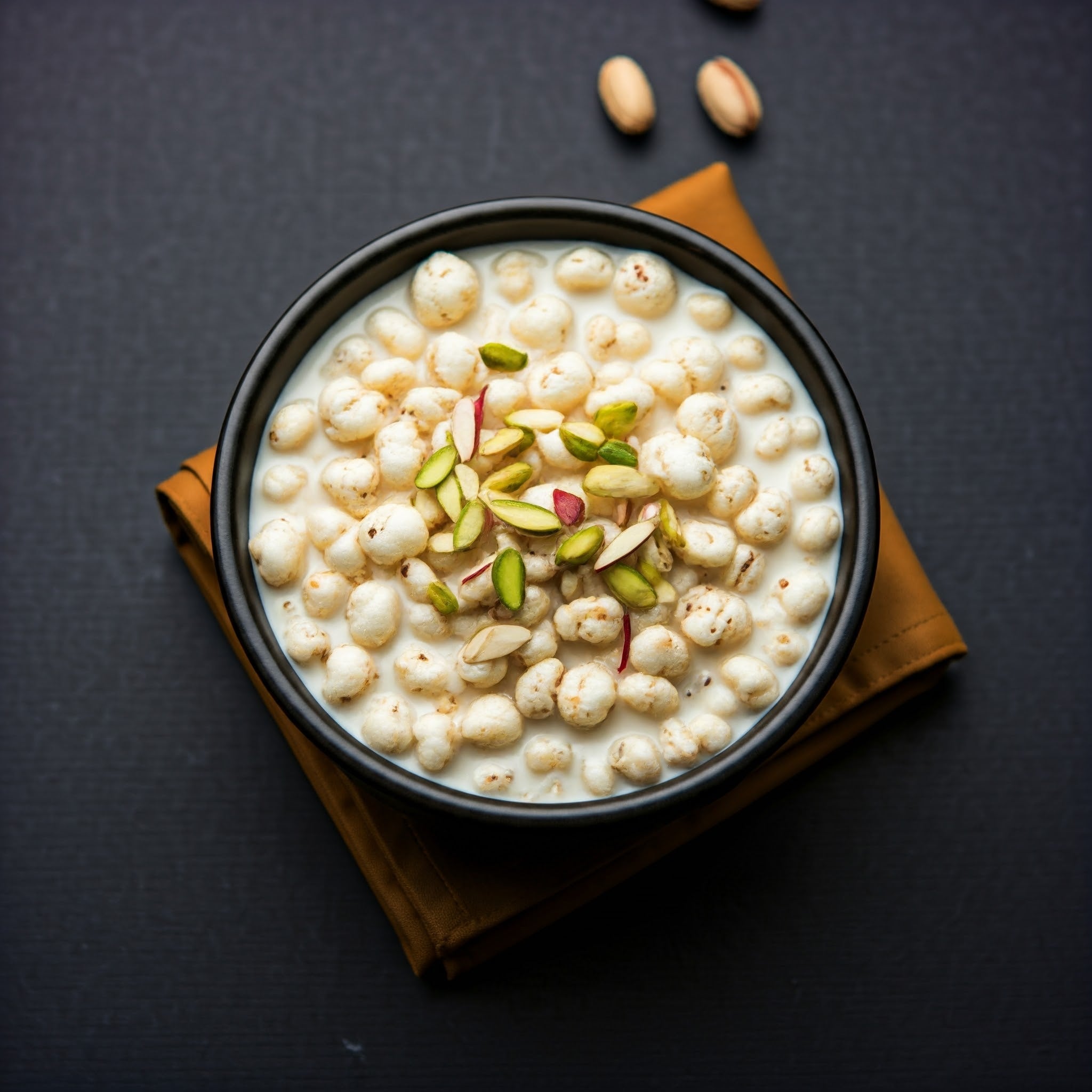 Bowl of creamy makhana kheer garnished with pistachios and almonds served on a brown napkin