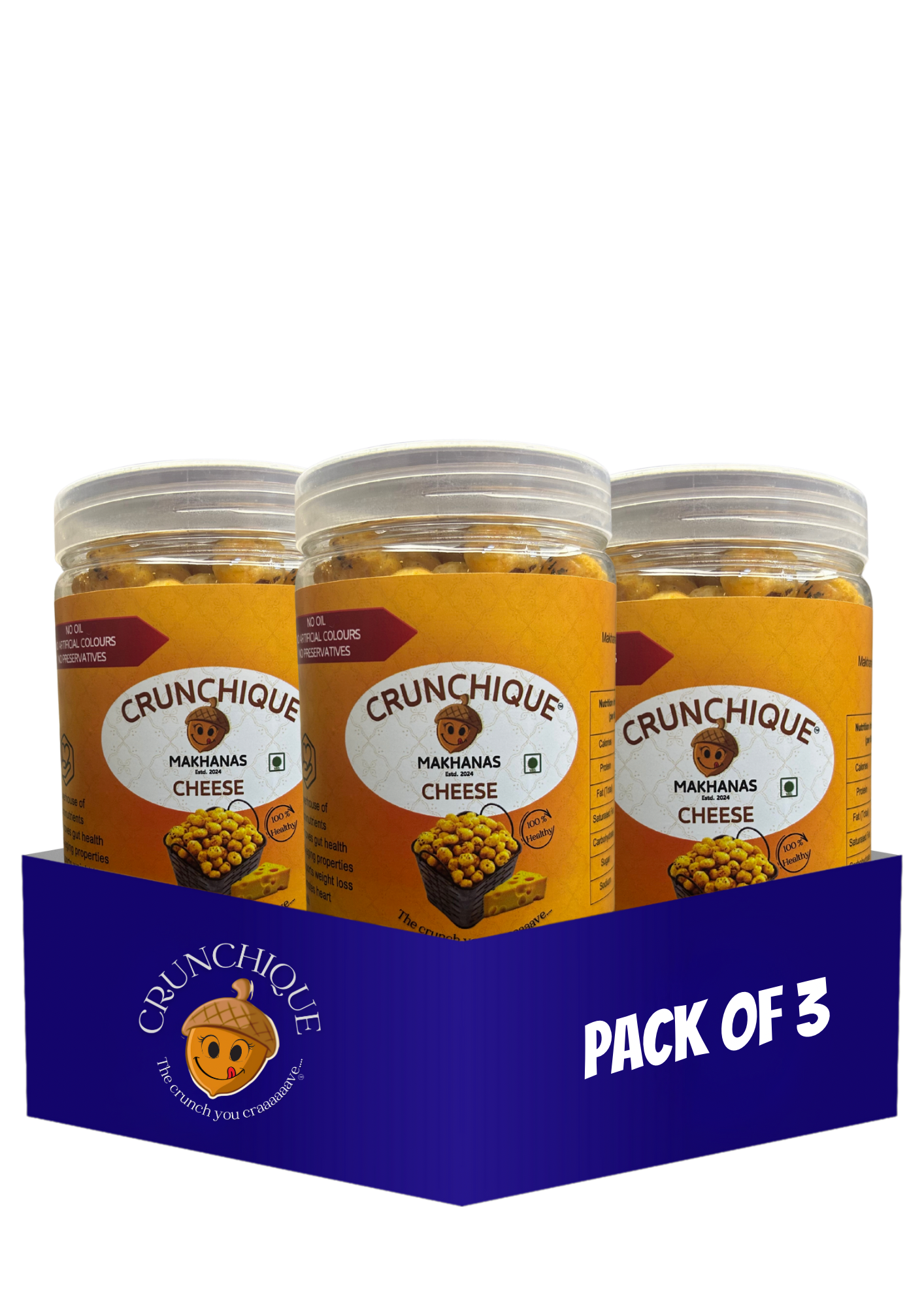 Pack of 3 Crunchique Cheddar cheese makhana jars with yellow labels in a blue holder