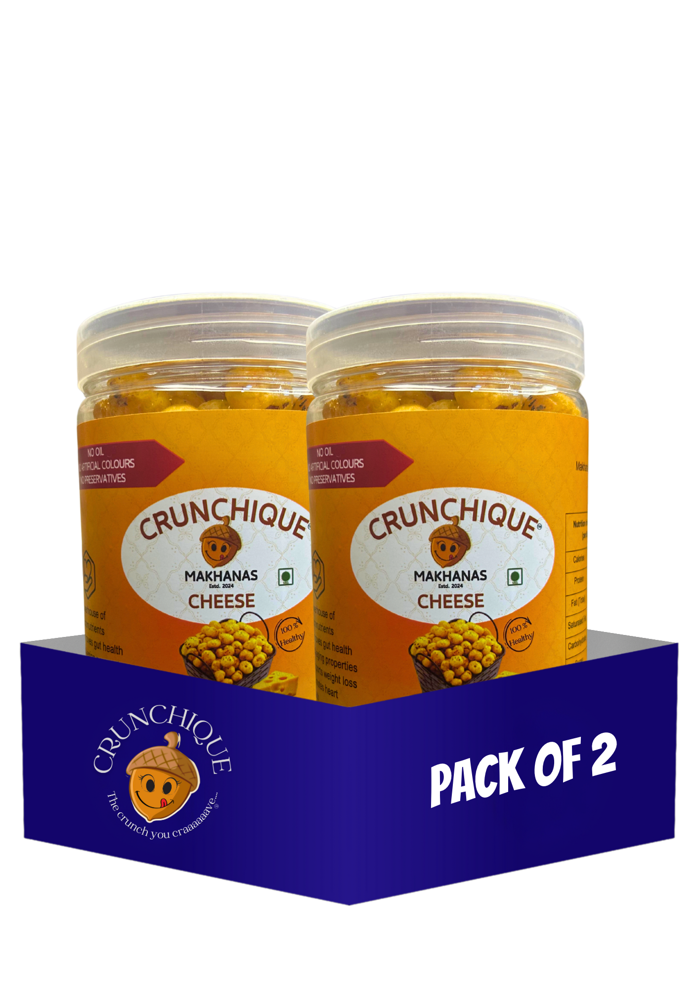 Pack of 2 Crunchique cheddar cheese makhana containers with orange labels in a blue carrier