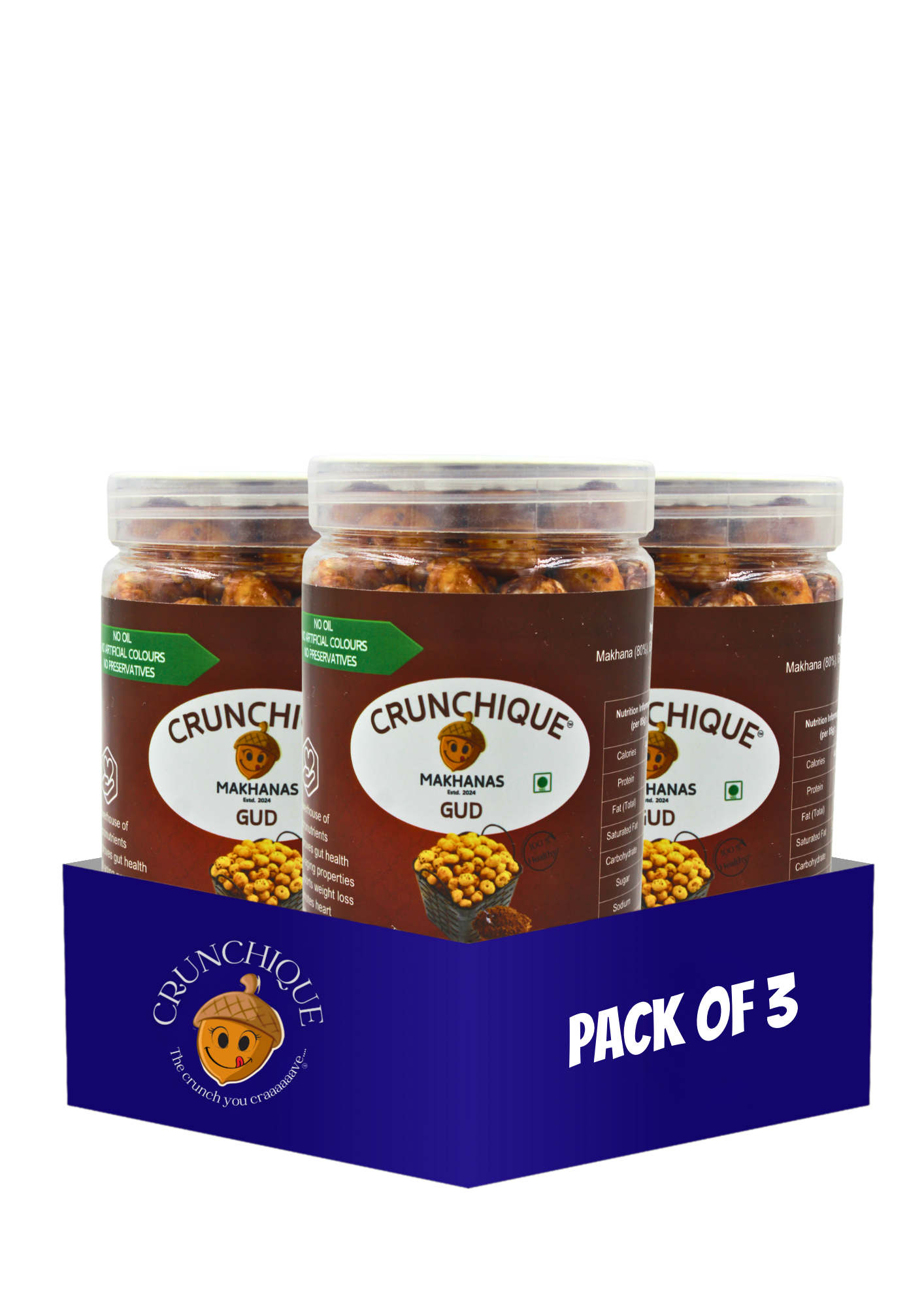 Pack of 3 Crunchique Gud Makhana jars sweet healthy guilt-free snack in clear plastic containers